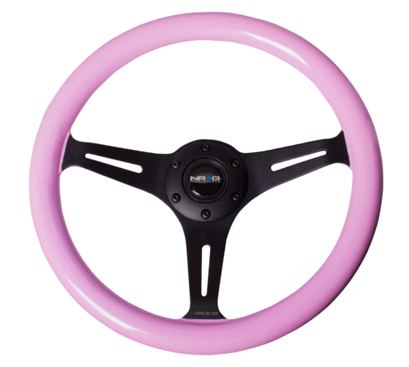 NRG Classic Wood Grain Steering Wheel (350mm) Solid Pink Painted Grip w/Black 3-Spoke Center - Image 3