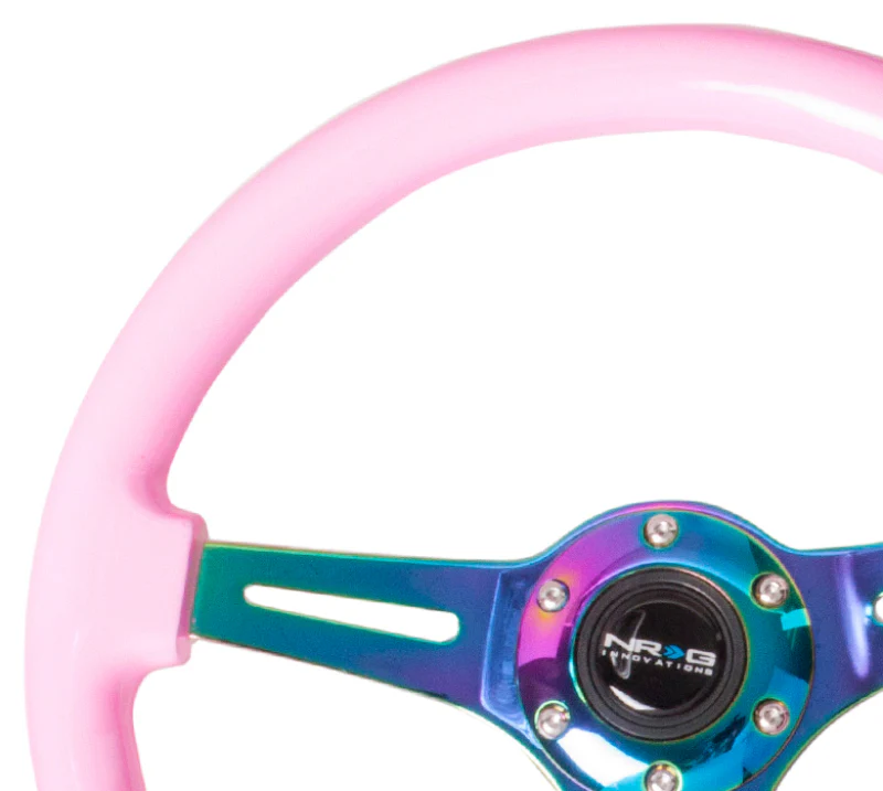 NRG Classic Wood Grain Steering Wheel (350mm) Solid Pink Painted Grip w/Neochrome 3-Spoke Center - Image 2