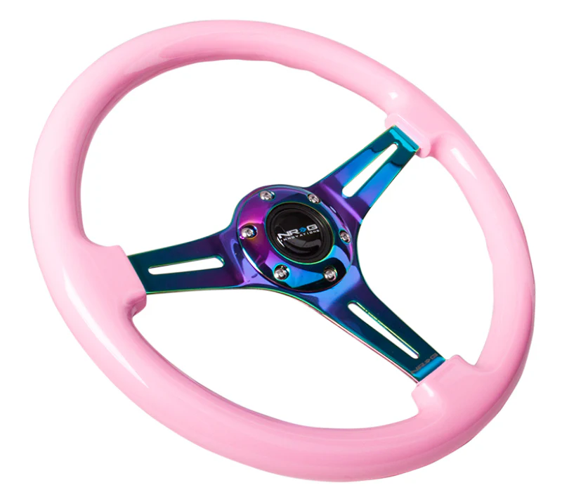 NRG Classic Wood Grain Steering Wheel (350mm) Solid Pink Painted Grip w/Neochrome 3-Spoke Center - Image 3