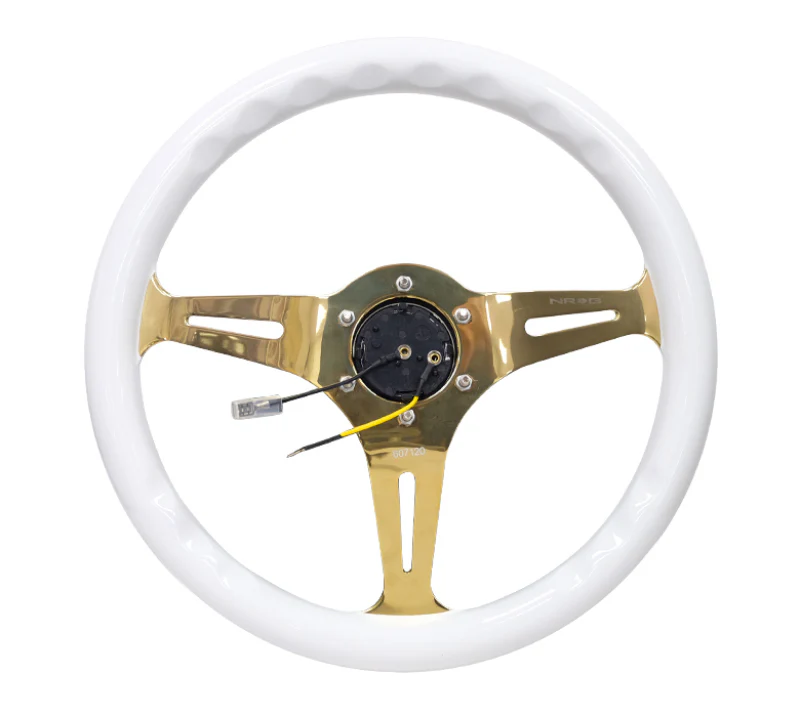 NRG Classic Wood Grain Steering Wheel (350mm) White Grip w/Chrome Gold 3-Spoke Center - Image 2