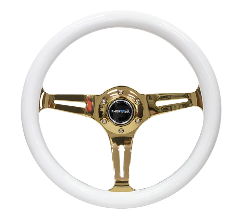 NRG Classic Wood Grain Steering Wheel (350mm) White Grip w/Chrome Gold 3-Spoke Center - Image 3