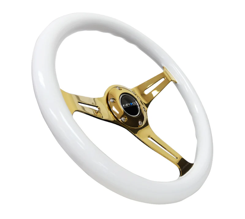 NRG Classic Wood Grain Steering Wheel (350mm) White Grip w/Chrome Gold 3-Spoke Center - Image 4