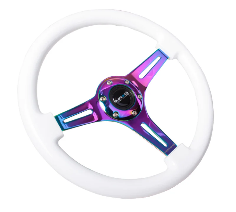 NRG Classic Wood Grain Steering Wheel (350mm) White Paint Grip w/Neochrome 3-Spoke Center - Image 3