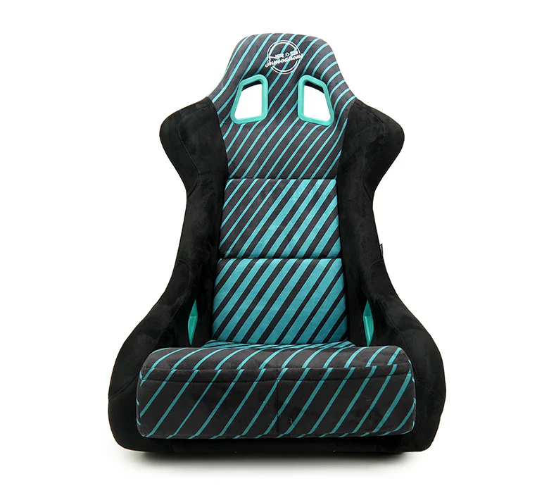 NRG FRP Bucket Seat - 20 Year Anniversary - Microfiber Black w/ Green Stripes & Arrow Design -Medium - Image 2