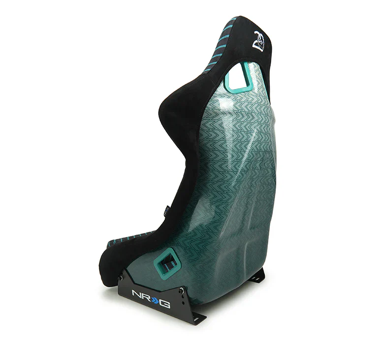 NRG FRP Bucket Seat - 20 Year Anniversary - Microfiber Black w/ Green Stripes & Arrow Design -Medium - Image 3