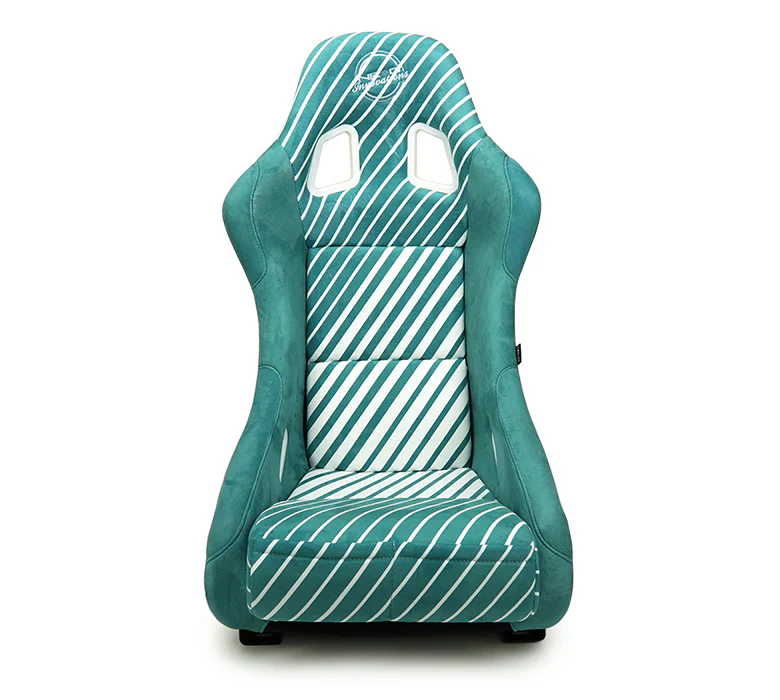 NRG FRP Bucket Seat - 20 Year Anniversary - Microfiber Green w/ White Stripes & Arrow Design -Medium - Image 2