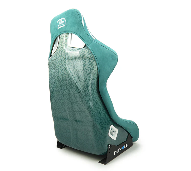 NRG FRP Bucket Seat - 20 Year Anniversary - Microfiber Green w/ White Stripes & Arrow Design -Medium - Image 3