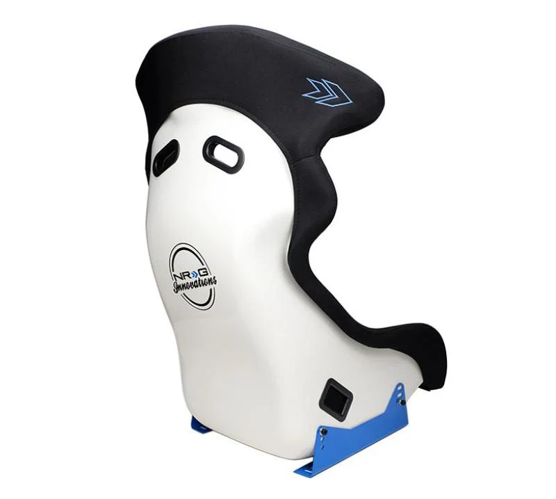 NRG FRP Bucket Seat - White Finish with Arrow Embroidery And Blue Side Mount Bracket - Image 3