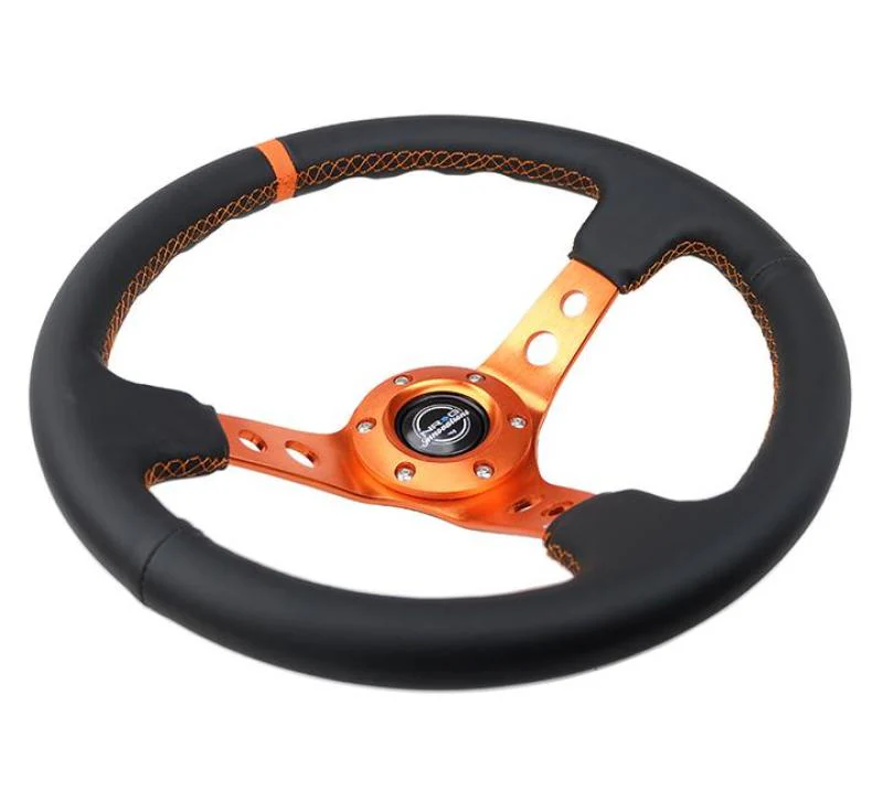 NRG Reinforce Steering Wheel (350mm / 3in. Deep) Blk Leather, Orange Center Mark w/ Orange Stitching - Image 2