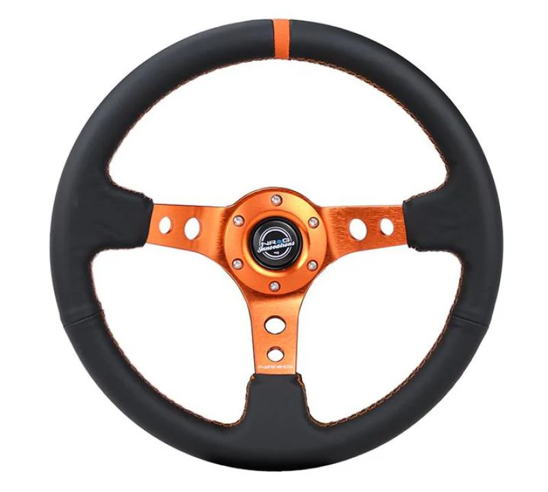NRG Reinforce Steering Wheel (350mm / 3in. Deep) Blk Leather, Orange Center Mark w/ Orange Stitching - Image 3