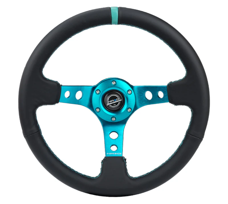 NRG Reinforce Steering Wheel (350mm / 3in. Deep) Blk Leather, Teal Center Mark w/ Teal Stitching - Image 2
