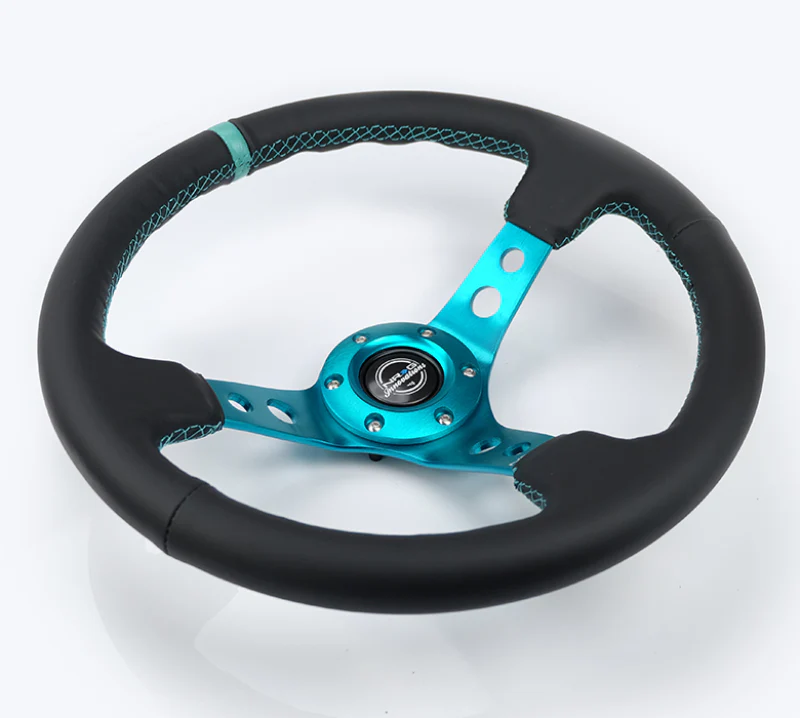 NRG Reinforce Steering Wheel (350mm / 3in. Deep) Blk Leather, Teal Center Mark w/ Teal Stitching - Image 3
