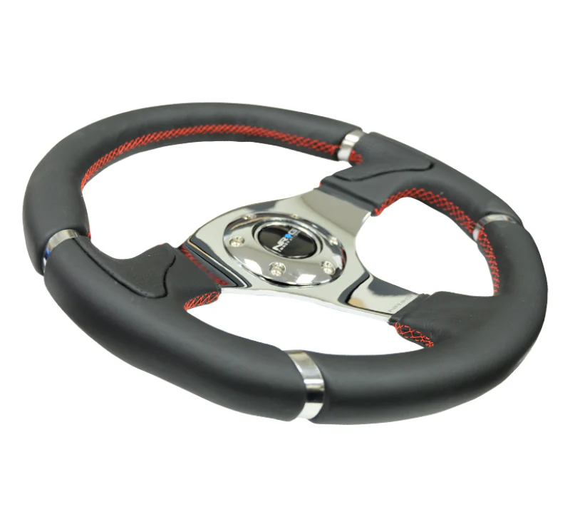 NRG Reinforced Steering Wheel (320mm) Blk Leather/Red Stitching w/Chrome 3-Spoke Center - Image 2