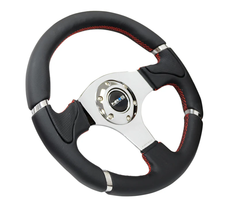 NRG Reinforced Steering Wheel (320mm) Blk Leather/Red Stitching w/Chrome 3-Spoke Center - Image 3