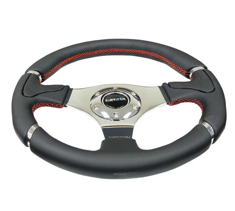NRG Reinforced Steering Wheel (320mm) Blk Leather/Red Stitching w/Chrome 3-Spoke Center - Image 4