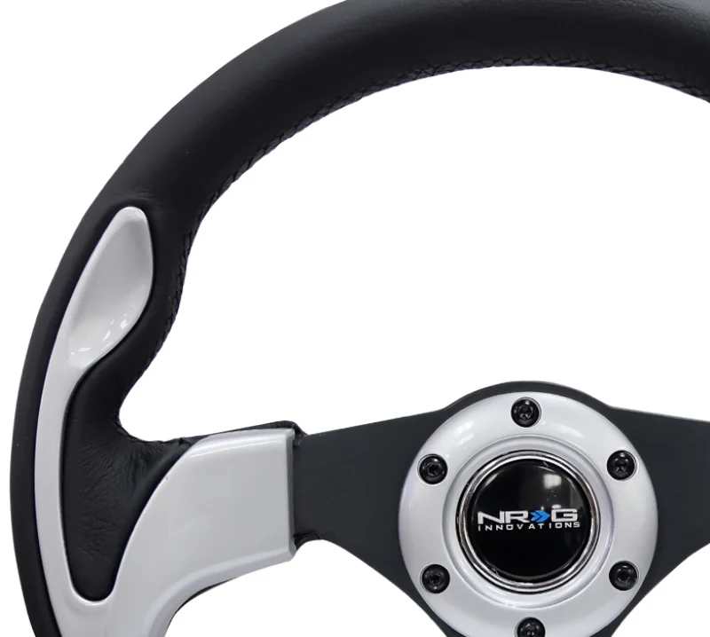 NRG Reinforced Steering Wheel (320mm) Blk w/Silver Trim & 5mm 3-Spoke - Image 2