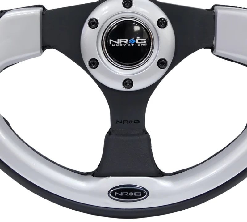 NRG Reinforced Steering Wheel (320mm) Blk w/Silver Trim & 5mm 3-Spoke - Image 3
