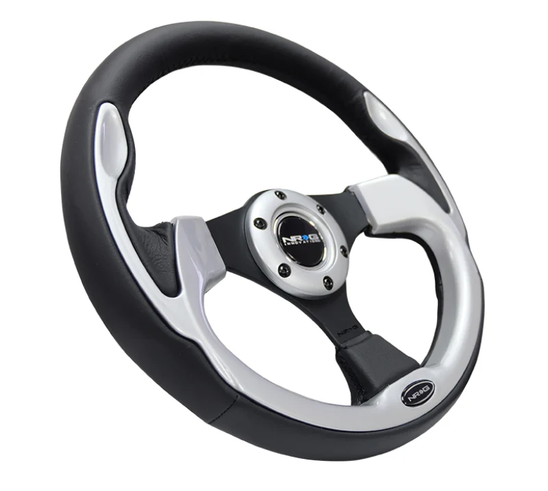 NRG Reinforced Steering Wheel (320mm) Blk w/Silver Trim & 5mm 3-Spoke - Image 5