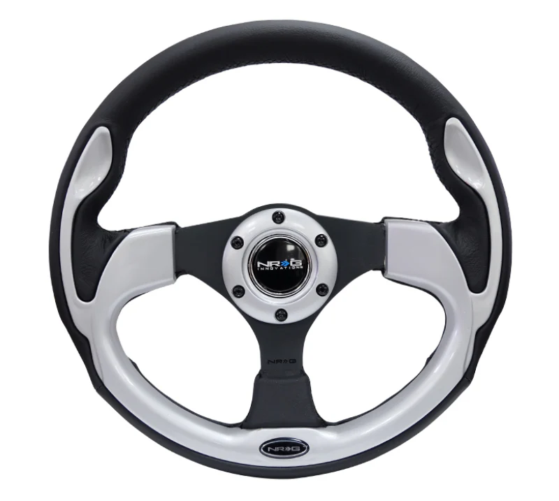 NRG Reinforced Steering Wheel (320mm) Blk w/Silver Trim & 5mm 3-Spoke - Image 6
