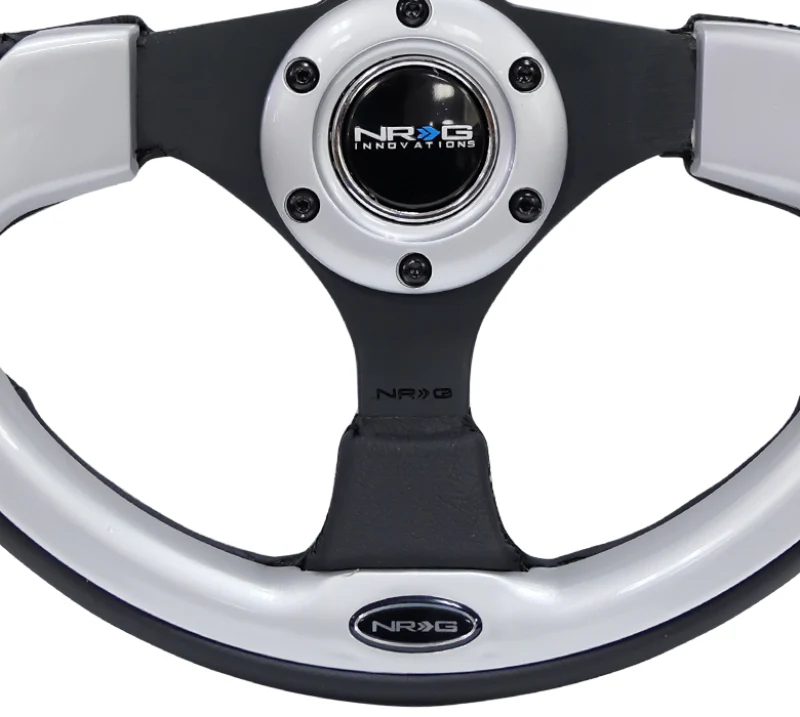 NRG Reinforced Steering Wheel (320mm) Blk w/Silver Trim & 5mm 3-Spoke - Image 7