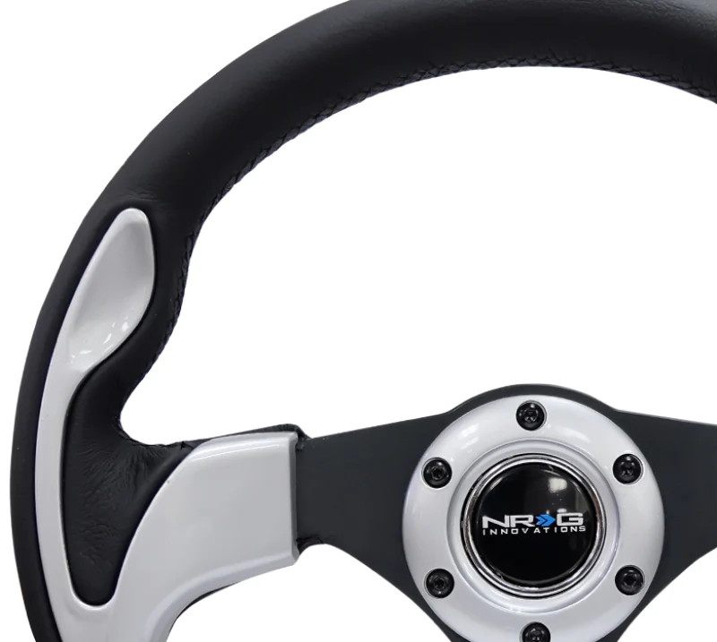 NRG Reinforced Steering Wheel (320mm) Blk w/Silver Trim & 5mm 3-Spoke - Image 8