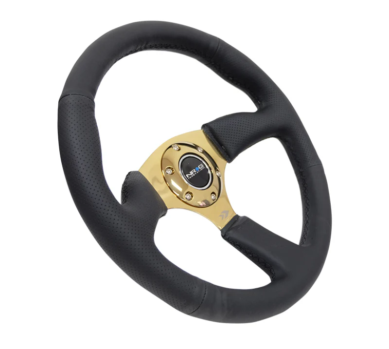NRG Reinforced Steering Wheel (350mm / 2.5in. Deep) Leather Race Comfort Grip w/4mm Gold Spokes - Image 2