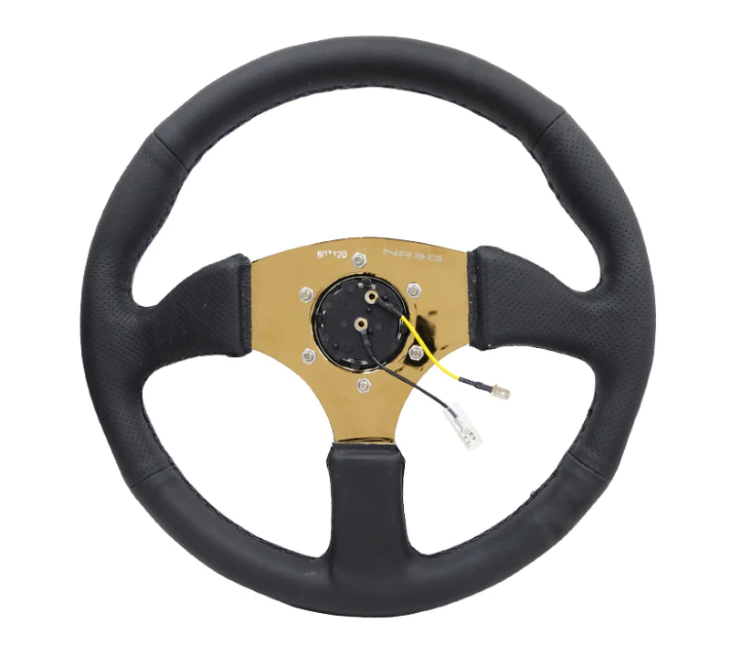 NRG Reinforced Steering Wheel (350mm / 2.5in. Deep) Leather Race Comfort Grip w/4mm Gold Spokes - Image 3
