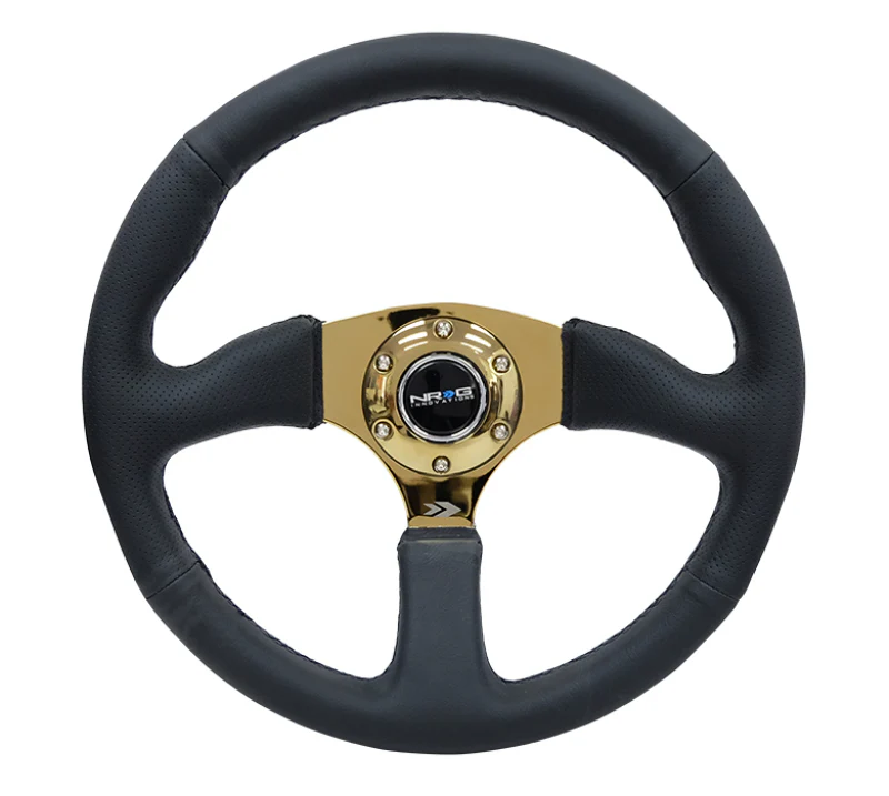 NRG Reinforced Steering Wheel (350mm / 2.5in. Deep) Leather Race Comfort Grip w/4mm Gold Spokes - Image 4