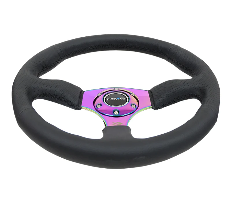 NRG Reinforced Steering Wheel (350mm / 2.5in. Deep) Leather Race Comfort Grip w/4mm Neochrome Spokes - Image 2