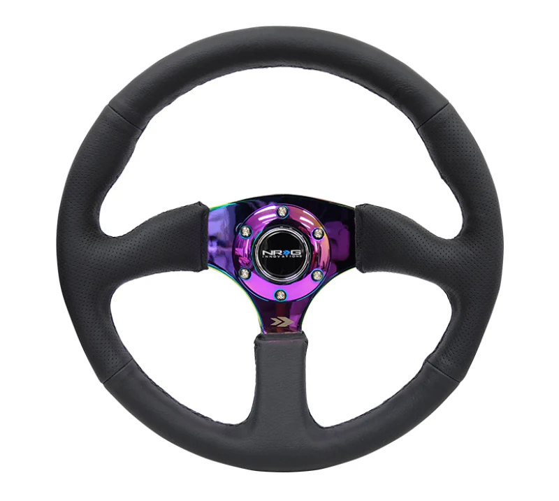 NRG Reinforced Steering Wheel (350mm / 2.5in. Deep) Leather Race Comfort Grip w/4mm Neochrome Spokes - Image 3