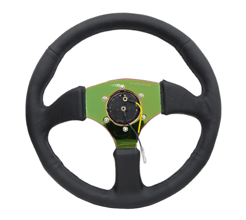 NRG Reinforced Steering Wheel (350mm / 2.5in. Deep) Leather Race Comfort Grip w/4mm Neochrome Spokes - Image 4