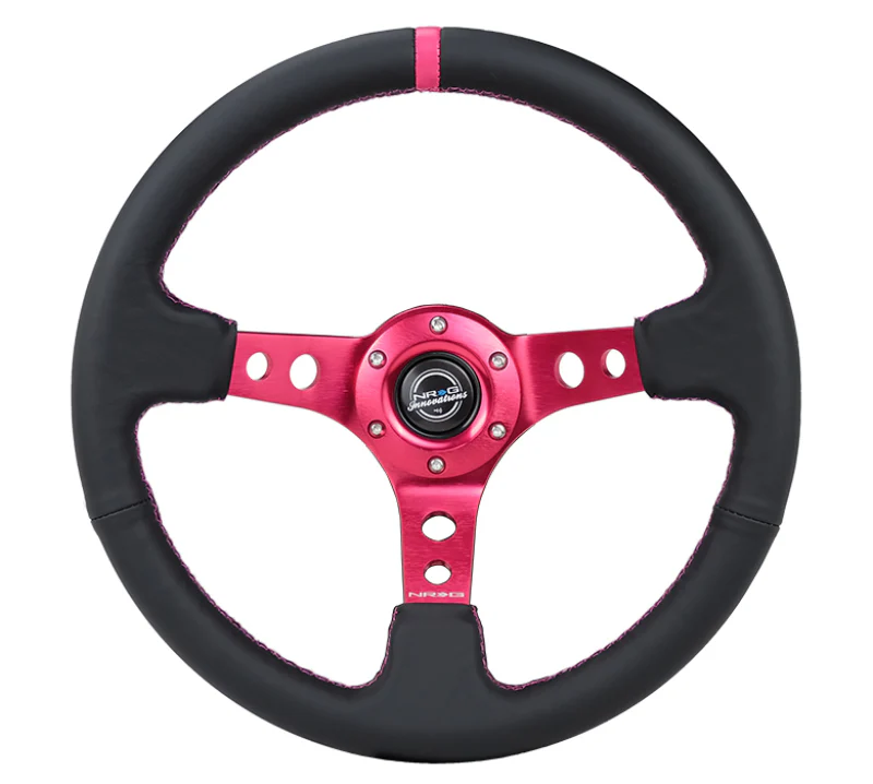 NRG Reinforced Steering Wheel (350mm/3in. Deep) Black Leather/ Fushia Center Mark/ Fushia Stitching - Image 2