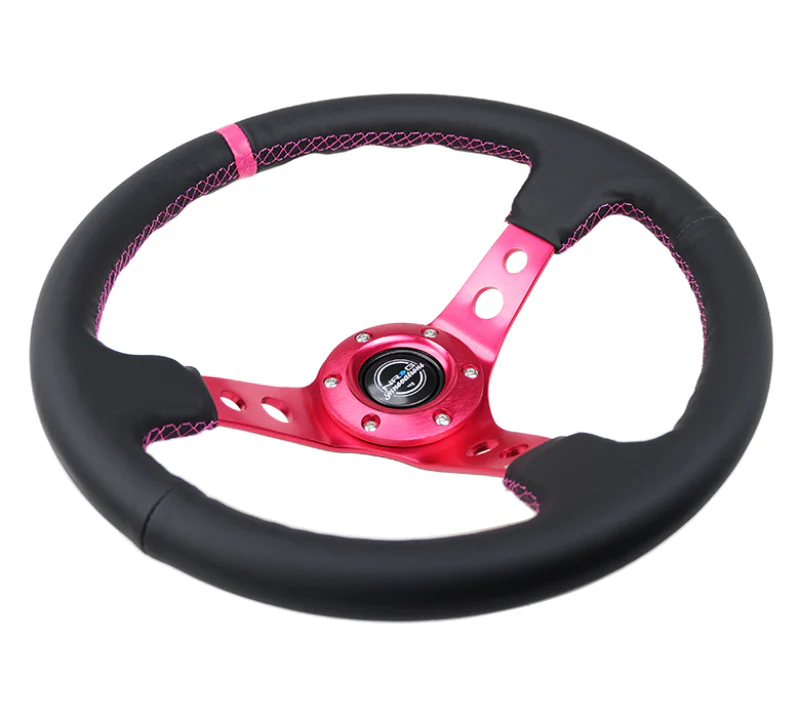 NRG Reinforced Steering Wheel (350mm/3in. Deep) Black Leather/ Fushia Center Mark/ Fushia Stitching - Image 3