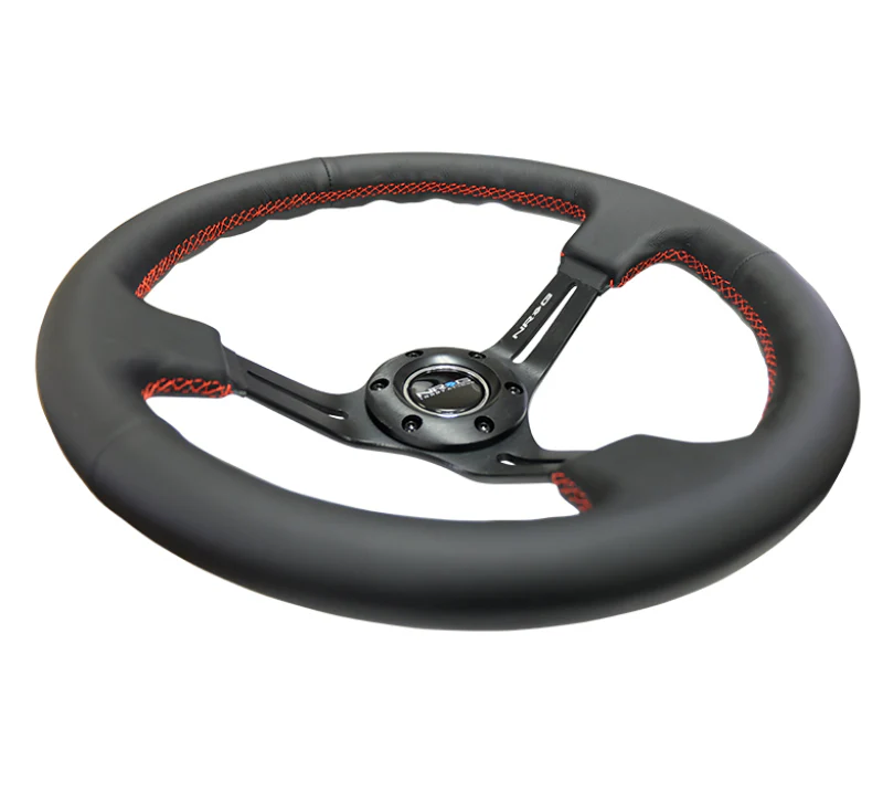 NRG Reinforced Steering Wheel (350mm / 3in. Deep) Black Leather/Red Stitch & Blk 3-Spoke w/Slits - Image 2
