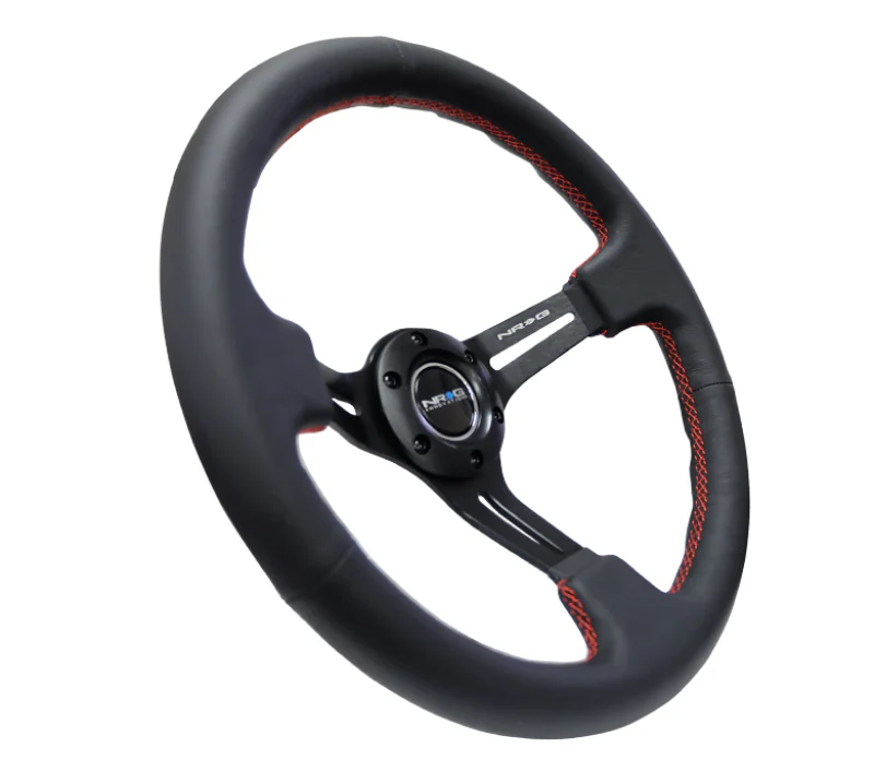 NRG Reinforced Steering Wheel (350mm / 3in. Deep) Black Leather/Red Stitch & Blk 3-Spoke w/Slits - Image 3