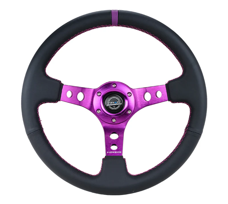 NRG Reinforced Steering Wheel (350mm / 3in. Deep) Black Leather w/Purple Center & Purple Stitching - Image 2
