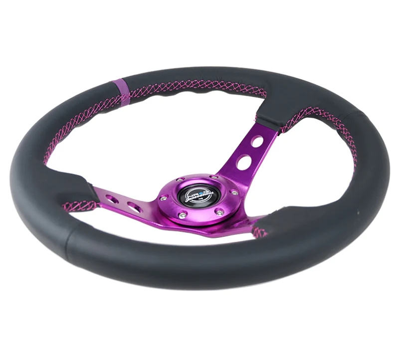 NRG Reinforced Steering Wheel (350mm / 3in. Deep) Black Leather w/Purple Center & Purple Stitching - Image 3