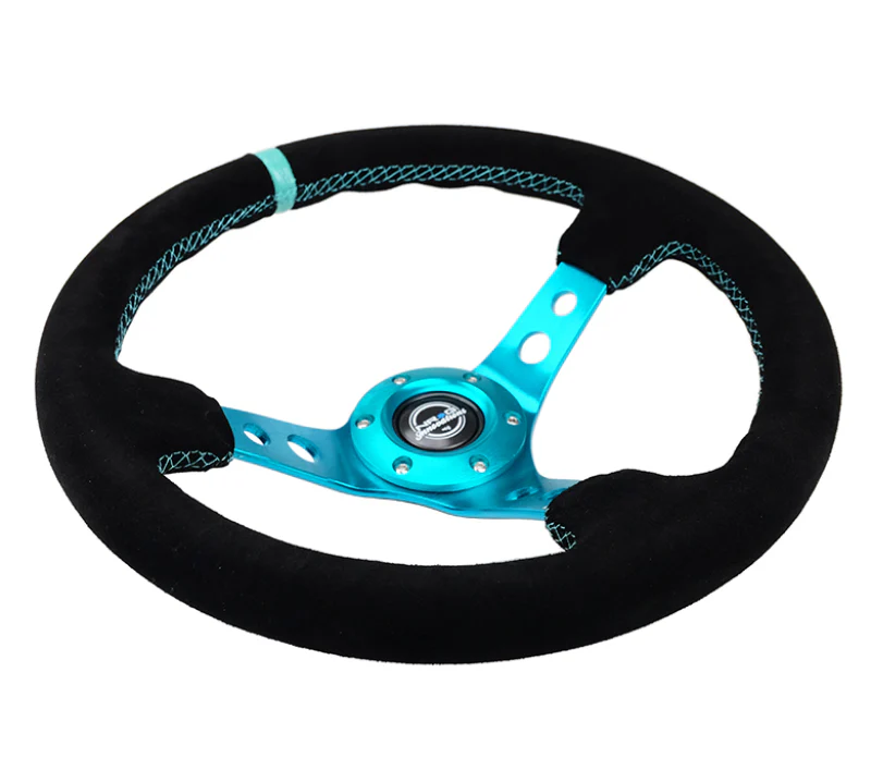NRG Reinforced Steering Wheel (350mm/ 3in. Deep) Black Suede/ Teal Center Mark/ Teal Stitching - Image 2