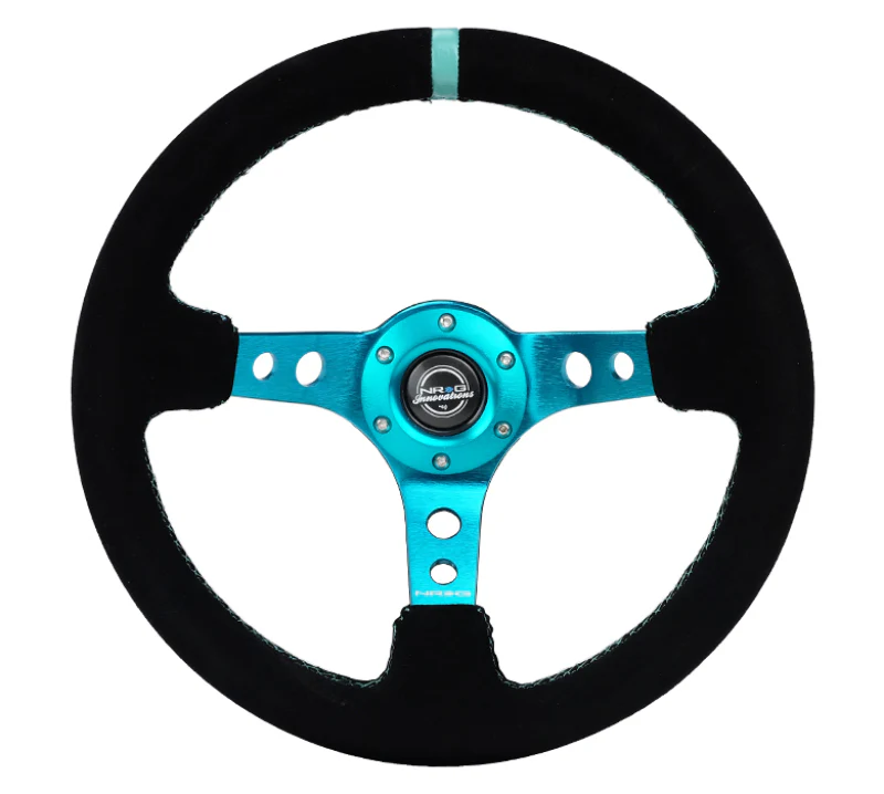 NRG Reinforced Steering Wheel (350mm/ 3in. Deep) Black Suede/ Teal Center Mark/ Teal Stitching - Image 3