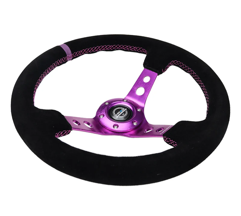 NRG Reinforced Steering Wheel (350mm / 3in. Deep) Black Suede w/Purple Center & Purple Stitching - Image 2