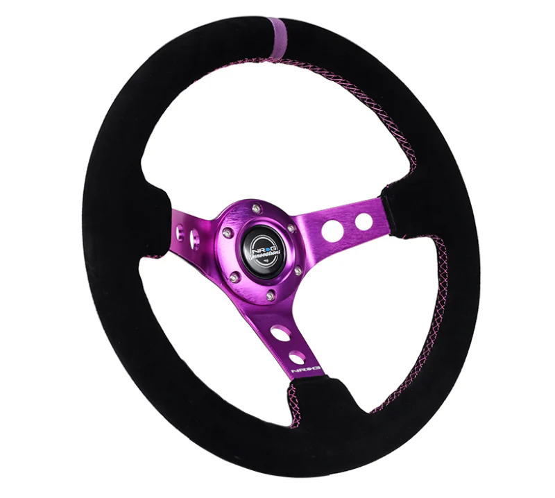 NRG Reinforced Steering Wheel (350mm / 3in. Deep) Black Suede w/Purple Center & Purple Stitching - Image 3