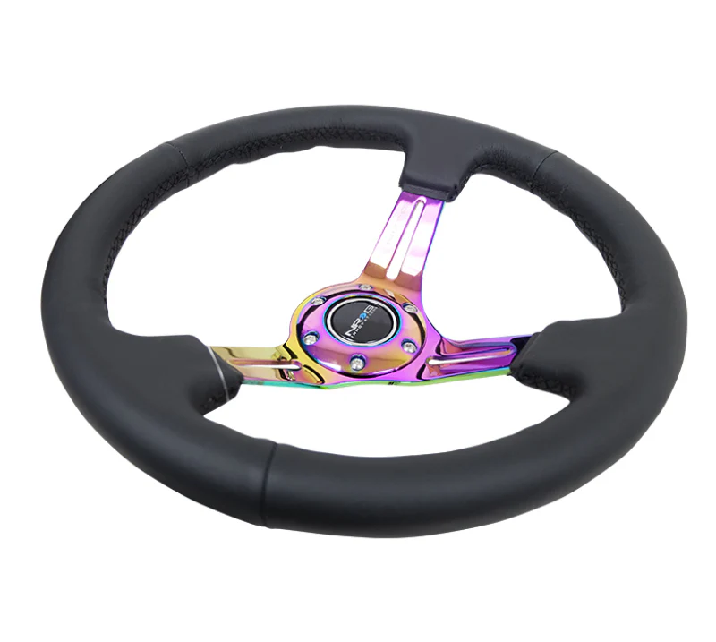 NRG Reinforced Steering Wheel (350mm / 3in. Deep) Blk Leather/Blk Stitch w/Neochrome Slits - Image 2