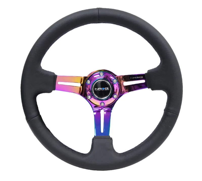 NRG Reinforced Steering Wheel (350mm / 3in. Deep) Blk Leather/Blk Stitch w/Neochrome Slits - Image 3