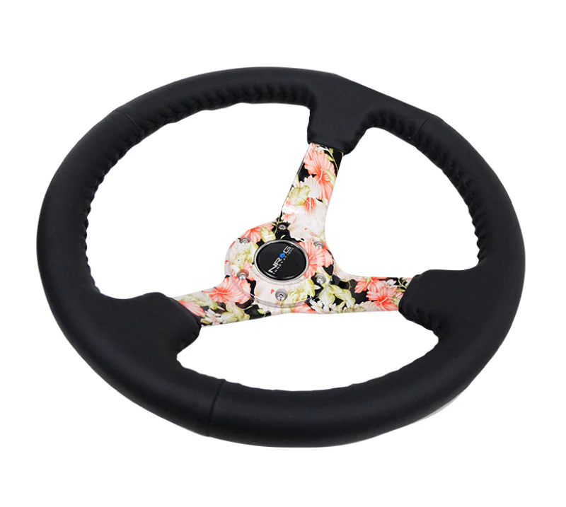 NRG Reinforced Steering Wheel (350mm / 3in. Deep) Blk Leather Floral Dipped w/ Blk Baseball Stitch - Image 2