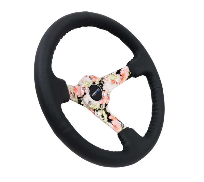 NRG Reinforced Steering Wheel (350mm / 3in. Deep) Blk Leather Floral Dipped w/ Blk Baseball Stitch - Image 3
