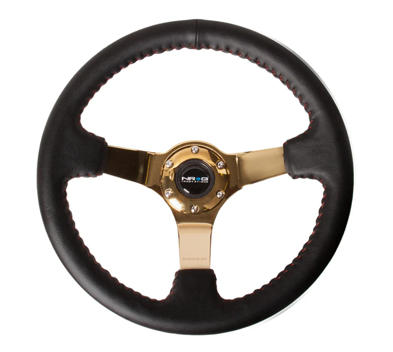 NRG Reinforced Steering Wheel (350mm / 3in. Deep) Blk Leather/Red BBall Stitch w/4mm Gold Spokes - Image 2