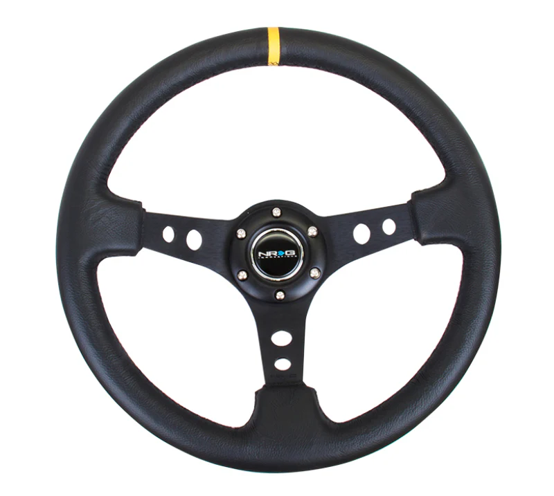 NRG Reinforced Steering Wheel (350mm / 3in. Deep) Blk Leather w/Blk Cutout Spoke/Yellow Center Mark - Image 2