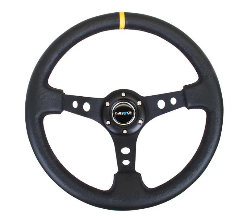 NRG Reinforced Steering Wheel (350mm / 3in. Deep) Blk Leather w/Blk Cutout Spoke/Yellow Center Mark - Image 3
