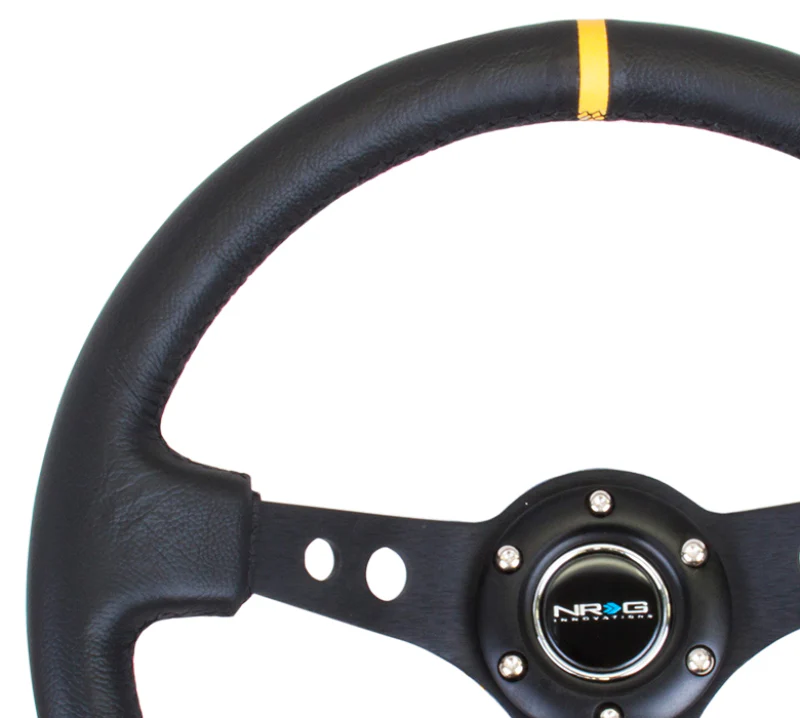 NRG Reinforced Steering Wheel (350mm / 3in. Deep) Blk Leather w/Blk Cutout Spoke/Yellow Center Mark - Image 4