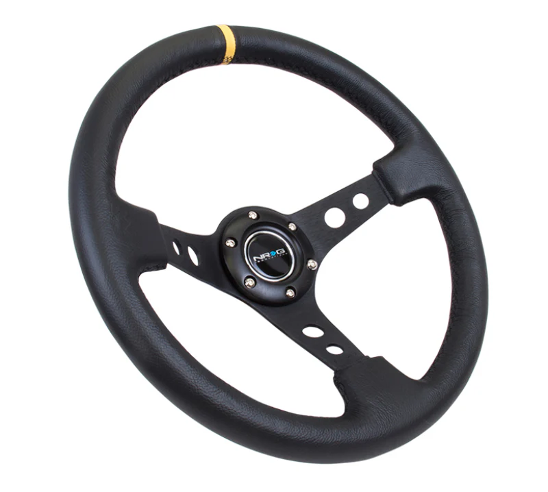 NRG Reinforced Steering Wheel (350mm / 3in. Deep) Blk Leather w/Blk Cutout Spoke/Yellow Center Mark - Image 6
